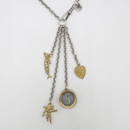 Long Singature Charm Necklace with Mermaid, Cupid, 5 Pounds, St Christopher Charms