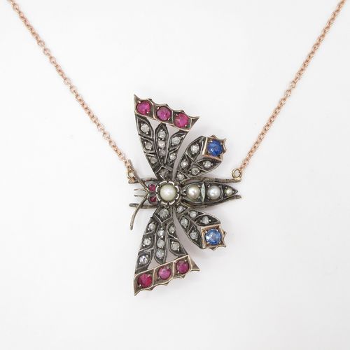 Diamond Ruby Sapphire Pearl Butterfly Necklace