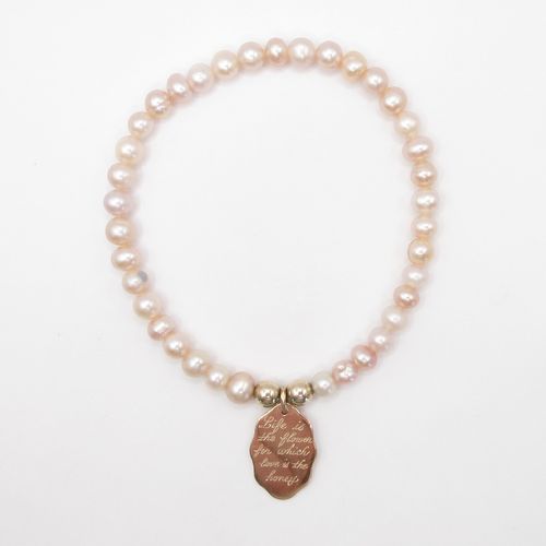 Life Is The Flower For Which Love Is The Honey Engraving Disc Pale Pink Pearl Beaded Bracelet
