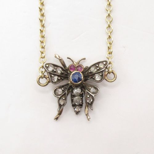 Diamond Sapphire Butterfly Victorian Brooch Conversion Necklace