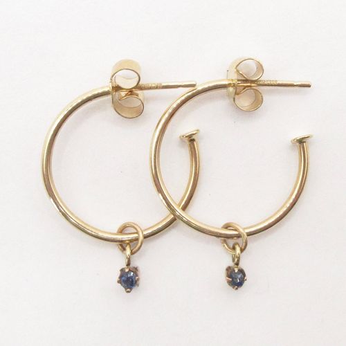 Sapphire Solitaire Dropper Yellow Gold Small Hoop Earrings