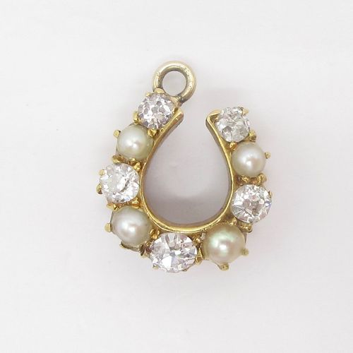 Antique Old Cut Diamond and Pearl Horseshoe Charm
