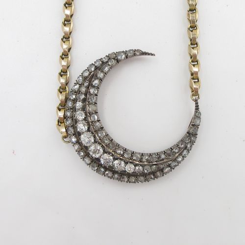 Victorian Old Cut and Rose Cut Diamond Crescent Necklace