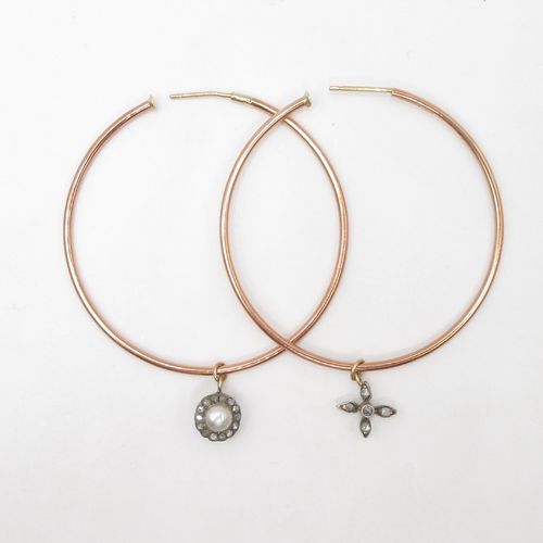 Rose Cut Diamond Pearl Mis-matched Cross and Cluster Rose Gold Large Hoop Earrings