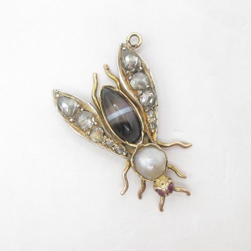Antique Rose Cut Diamond Agate Pearl Insect Bug Charm