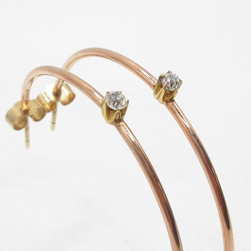 Old Cut Diamond Claw Set Studded Rose Gold Hoop Earrings
