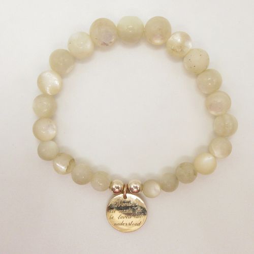 Antique Mother of Pearl Beaded Stretch Bracelet with Engraved Disc Charm