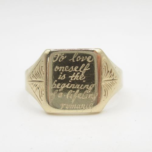 'To love oneself is the beginning of a life long romance' engraved Signet Ring