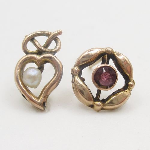 Pearl Heart and Almandine Garnet Mis-Matched Stud Earrings