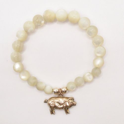Antique Mother of Pearl Beaded Bracelet with Antique Pig Charm