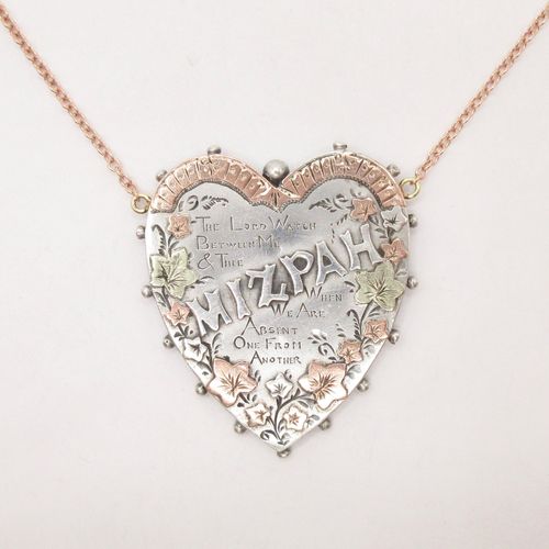 Silver and Rose and Green Gold Mizpah Heart Brooch Conversion Necklace