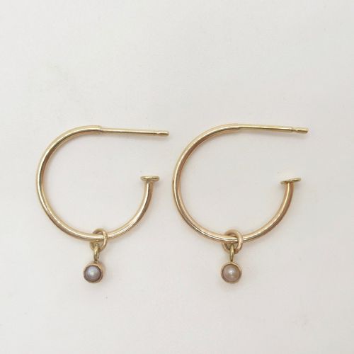 Pearl Solitaire Charm Dropper Yellow Gold Small Hoop Earrings
