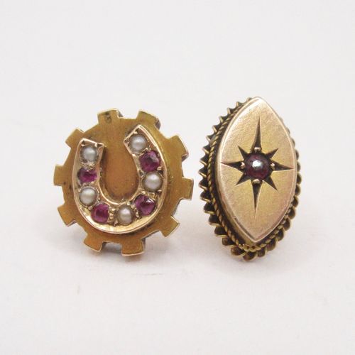 Pearl Garnet Horseshoe Round Stud and Navette Disc Mis-Matched Earrings