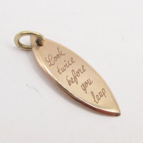 "Look twice before you leap" Engraved Navette Disc Charm