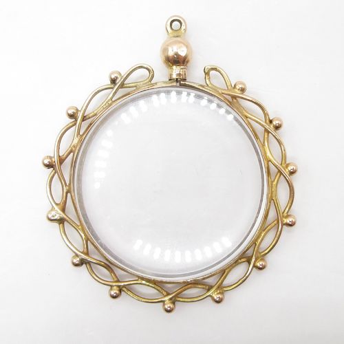 Fancy Frill and Ball Detail Gold Antique Glass Locket with Screw Top Ball Closure