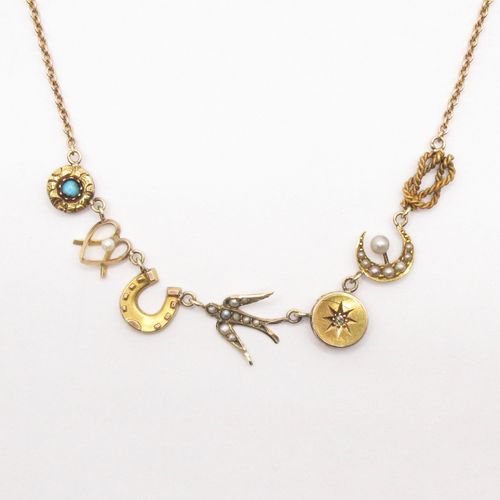 Love and Luck Line Necklace with Swallow, Heart, Horseshoe, Crescent and Love Knot
