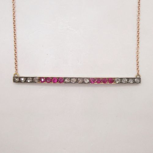 Old Cut Diamond Ruby Bar Rose Gold Victorian Brooch Conversion Necklace