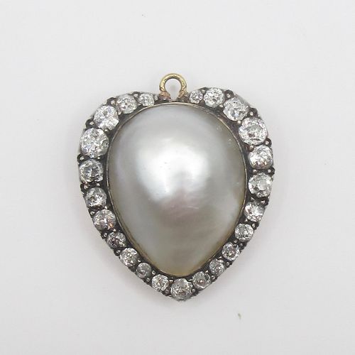 Antique Old Cut Diamond Pearl Heart Charm Pendant