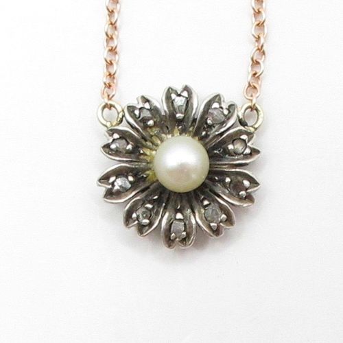 Rose Cut Diamond and Pearl Flower Necklace