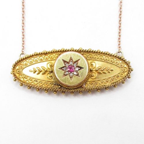 Rose Cut Diamond and Ruby Star Etruscan Revival Locket Necklace