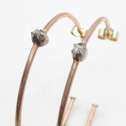 Old Cut Diamond Pinched Solitaire Studded Rose Gold Hoop Earrings
