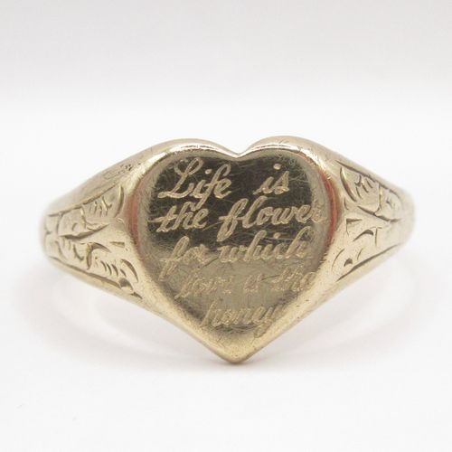 Life is the Flower Engraved Heart Signet Ring