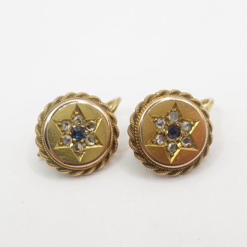 Victorian Rose Cut Diamond Sapphire Star Disc Earrings