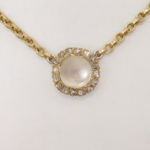 Cabochon Moonstone and Rose Cut Diamond Cluster Necklace