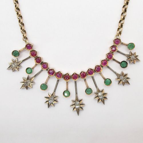 Antique Rose Cut Dia Star Chandelier Necklace with Rubies and Emeralds
