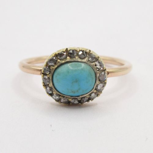 Rose Cut Diamond Oval Cabochon Turquoise Ring
