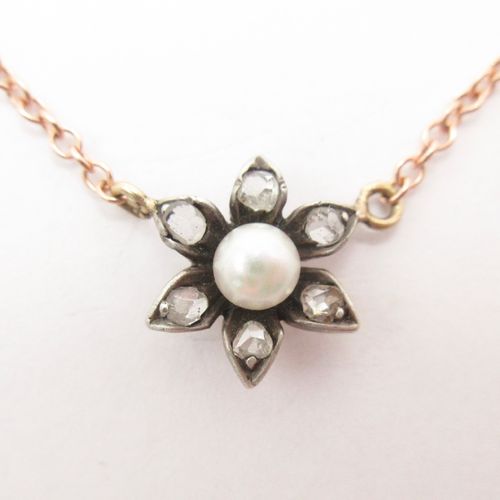 Rose Cut Diamond Pearl Flower Rose Gold Necklace