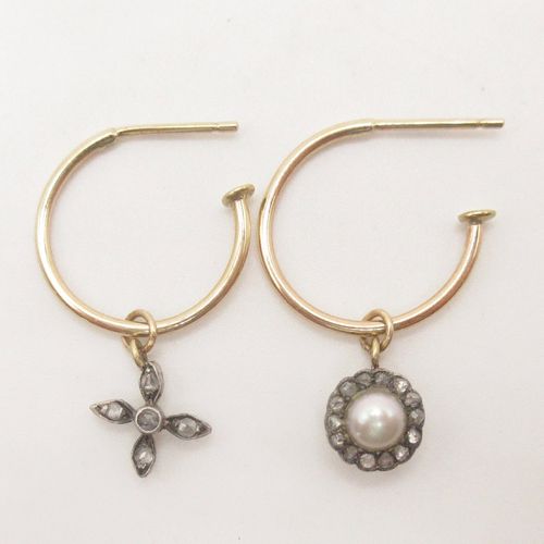 Rose Cut Diamond Pearl Mis-matched Cross and Cluster Rose Gold Small Hoop Earrings