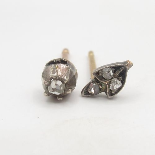 Rose Cut Diamond Mis-Matched Solitaire and Flower Earring Pair