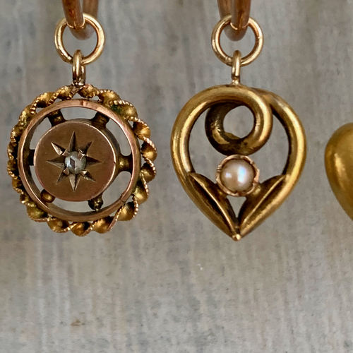 Antique Pearl Heart and Diamond Disc Charms on Rose Gold Hoop Earrings